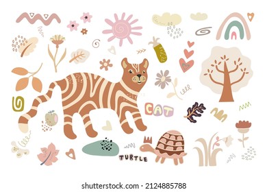 Big set of hand drawn animals, flowers, leaves and abstract doodles, isolated design elements on white background. Cute Cat and Turtle. Folk art spring summer collection in boho style