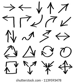 Big set of hand drawn arrows. Black isolated on white background. Vector illustration.