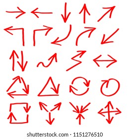 Big set of hand drawn arrows. Red isolated on white background. Vector illustration.