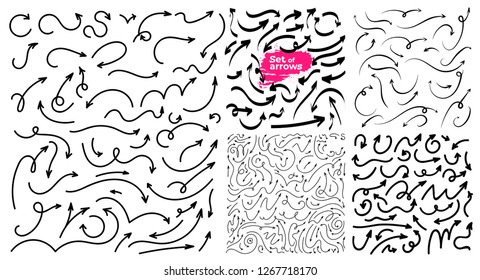 Big set of hand drawn arrows. Grunge sketch handmade doodle arrow. Vector illustration. Isolated on white background.