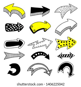 Big set of hand drawn arrows on a white background. Doodle style. Vector illustration. 