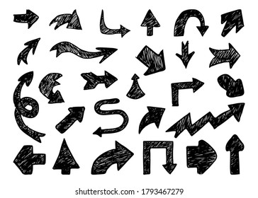 Big set of hand drawn arrows. Sketch of doodle  arrows isolated on white background. Vector illustration.