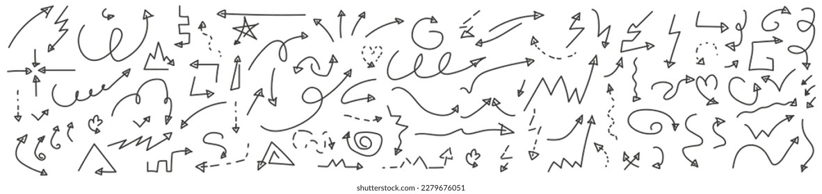 Big set of hand drawn arrows. Hand drawn arrow icons collection. Doodle arrow set. Vector isolated illustration.