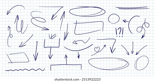 Gran conjunto de flechas dibujadas a mano, marcos, óvalos y soportes. Vector colección de Elementos de diseño.