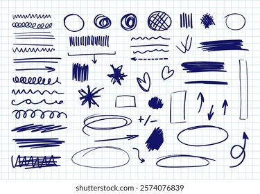 Big set of hand drawn arrows, frames, ovals, blobs and squiggles. Vector collection of design elements.