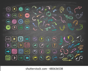 Big set of the  hand drawn arrows on the blackboard. Abstract vector illustration.