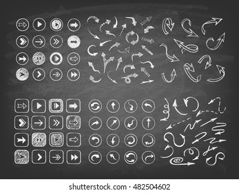 Big set of the hand drawn arrows on the blackboard. Abstract vector illustration.