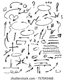 Big set of hand drawn arrows and marker design elements isolated on white.