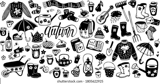 Big set of hand drawn autumn doodle. Vector icons, rubber boots, book, cup of tea, umbrella, leaves, backpack, sweater, umbrella, fruits, leaves, jar of jam, garden tools.