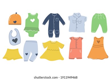 Big set of hand drawn baby clothes. Nursery design. Flat illustration.