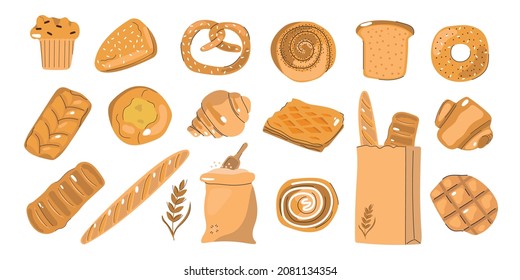 Big set of Hand drawn Bakery products. Flat illustration of buns, pastry for web and print design.