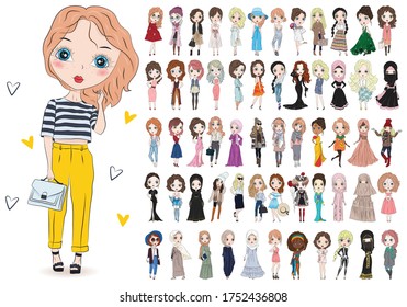 Big set of hand drawn beautiful cute fashion girls on white background. Cartoon fashionable girls. Cartoon character. Vector illustration.