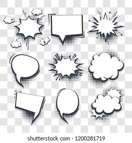 Big set hand drawn blank effects template comic speech bubbles halftone dot vector transparent background in pop art style. Dialog empty cloud, space for text. Creative comics book conversation chat