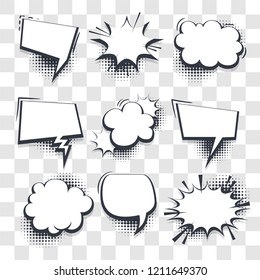 Big set hand drawn blank effects template comic speech bubbles halftone dot vector transparent background in pop art style. Dialog empty cloud, space for text. Creative comics book conversation chat