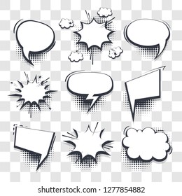 Plantilla de grandes conjuntos de efectos en blanco dibujado a mano burbujas de voz cómica mitad tono punto vector fondo transparente en estilo de arte pop. Diálogo nube vacía, espacio para texto. Charla de conversación de libro de comics creativos