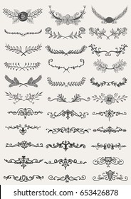 Big set of hand drawn borders in sketch style. Floral and abstract dividers for design element. Vector illustration