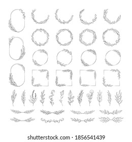 Big set of hand drawn botanical round, oval and rectangular frames, floral dividers and branches. Vector isolated elements. Wedding flourish laurel wreaths for invitation card.