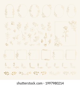 Big set of hand drawn botanical design elements. Vintage wedding flowers, frames, borders and corners. Vector gold illustration. 