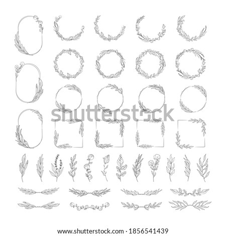 Big set of hand drawn botanical round, oval and rectangular frames, floral dividers and branches. Vector isolated elements. Wedding flourish laurel wreaths for invitation card.