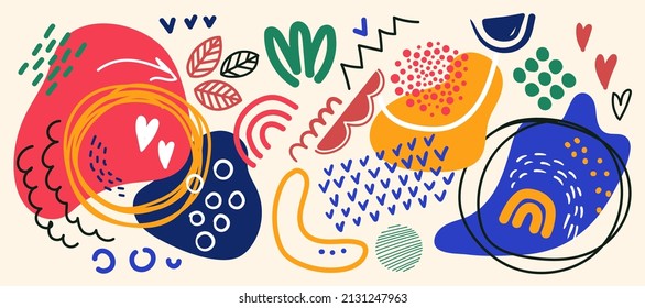 Big set of hand drawn bright various shapes and doodle objects  contemporary abstract elements. Rainbow, stamp texture, blot, lines, zigzags, dots pattern background