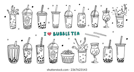 Big set of hand drawn bubble tea theme elements and lettering in doodle style. Boba milk tea, pearl milk tea and yummy drinks banner. Tea with tapioca splashing liquid. Cute vector illustration