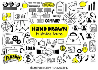 Big set of hand drawn business icons on a white background. Doodle style. Vector illustration.