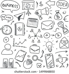 Big set of hand drawn business icons on a white background. Doodle style. Vector illustration.
