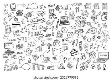 Big set of hand drawn business elements. Doodle style. Hand drawn vector illustration EPS10. Great for banner,  posters, cards, stickers and professional design.