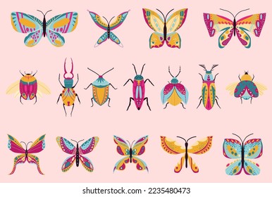 Gran conjunto de mariposas dibujadas a mano. Resumen de diseño decorativo. Juego de iconos vectoriales de mariposas. Ilustración vectorial para icono, logotipo, impresión, icono, tarjeta, emblema, etiqueta.