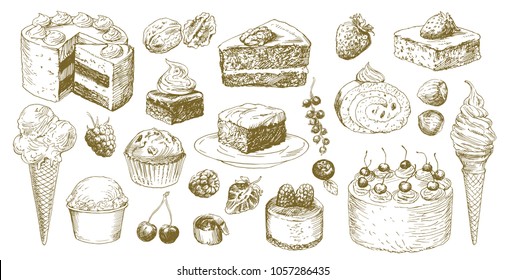 Big set of hand drawn cakes. 