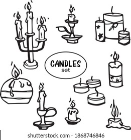 Big set of hand drawn candles. Cute  vector illustration. Winter elements for greeting cards, stickers, wallpaper. Isolated on white background.
