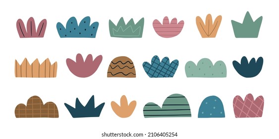 A big set of hand drawn cartoon plants. Stylized cute bushes. Vector illustration. Isolated natural elements on a white background