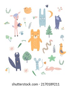 Big set of hand drawn cartoon animals. Vector illustration of animals for children's books, postcards, posters.