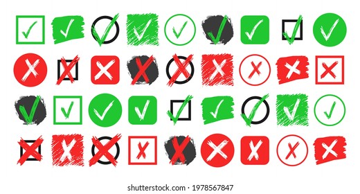 Big Set Of Hand Drawn Check And Cross Sign Elements Isolated On White Background. Grunge Doodle Green Checkmark OK And Red X In Different Icons. Vector Illustration