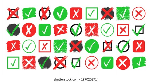 Big Set Of Hand Drawn Check And Cross Sign Elements Isolated On White Background. Grunge Doodle Green Checkmark OK And Red X In Different Icons. Vector Illustration