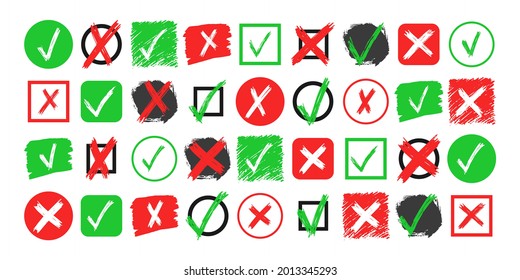 Big Set Of Hand Drawn Check And Cross Sign Elements Isolated On White Background. Grunge Doodle Green Checkmark OK And Red X In Different Icons. Vector Illustration