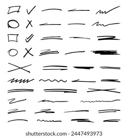 Big set of Hand drawn check mark and brush lines, black marker, check mark, underline stroke. Vector illustration hand drawn circles, underlines collection	