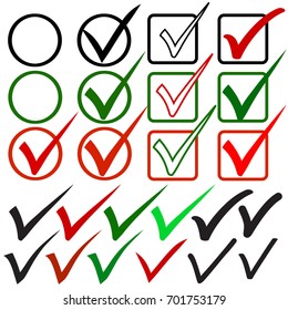 Big Set Of Hand Drawn Check Marks In Red, Green & Black. Vector Illustration