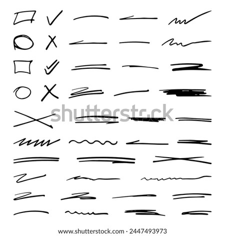 Big set of Hand drawn check mark and brush lines, black marker, check mark, underline stroke. Vector illustration hand drawn circles, underlines collection	