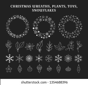 Big set of hand drawn Christmas plants, toys, balls, snowflakes and star frames. Winter mistletoe and holly for greeting card decoration. Vector isolated holiday design elements and wreaths.