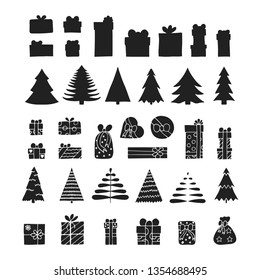 Big set of hand drawn Christmas trees, toys, balls and gifts silhouettes. Winter elements for greeting card decoration. Vector isolated holiday design decor.