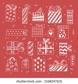 Big set of hand drawn christmas presents. Cute festive doodles in vector on red snowy background. 
