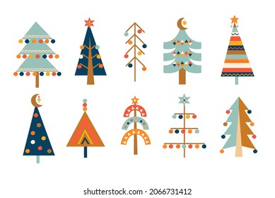 Big set of hand drawn christmas trees with toys in Scandinavian style. Xmas isolated cozy decor elements. Template for print, wishing,design,leaflets, posters, business cards, web.Vector illustration.