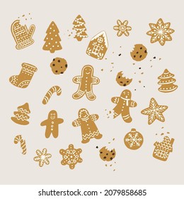 Big set of hand drawn Christmas cookies. Christmas tree, toy, star, snowflake, gingerbread man, house. New Year's mood in the kitchen. Special icons for your Christmas cookie recipe or holiday card.