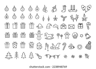 Big set of hand drawn Christmas icons. decoration in doodle style.
