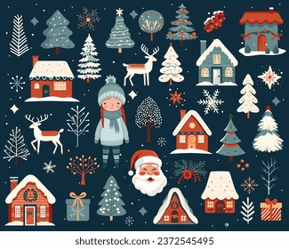 Big set of hand drawn christmas elements. Scandi christmas illustration, cute houses, trees, deer, santa claus.