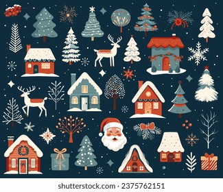 Big set of hand drawn christmas elements. Scandi christmas illustration, cute houses, trees, deer, santa claus.