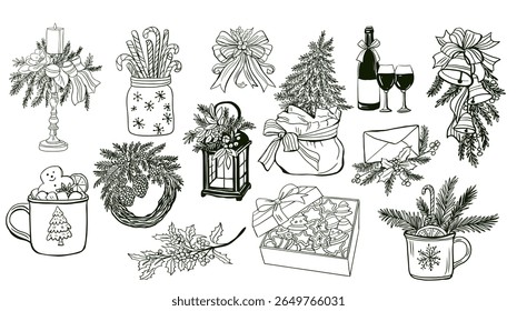 Big Set of Hand Drawn Christmas and Winter Holiday Elements with Gifts, Candles, Wreaths, Hot Drinks and Festive Decorations in Line Art Style