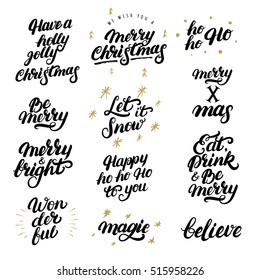 Big set of hand drawn christmas lettering and design elements. Merry Christmas calligraphy quotes and wishes for invitation and greeting card, prints, posters, photo overlays. Vector illustration.