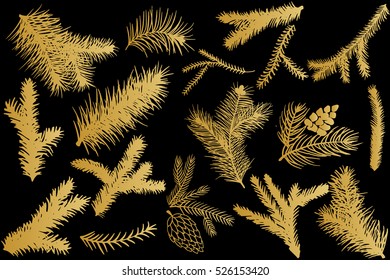 Big set of hand drawn christmas branches.Isolated vector circular decorative elements for your design.Cones,fir,pine branches, floral elements.